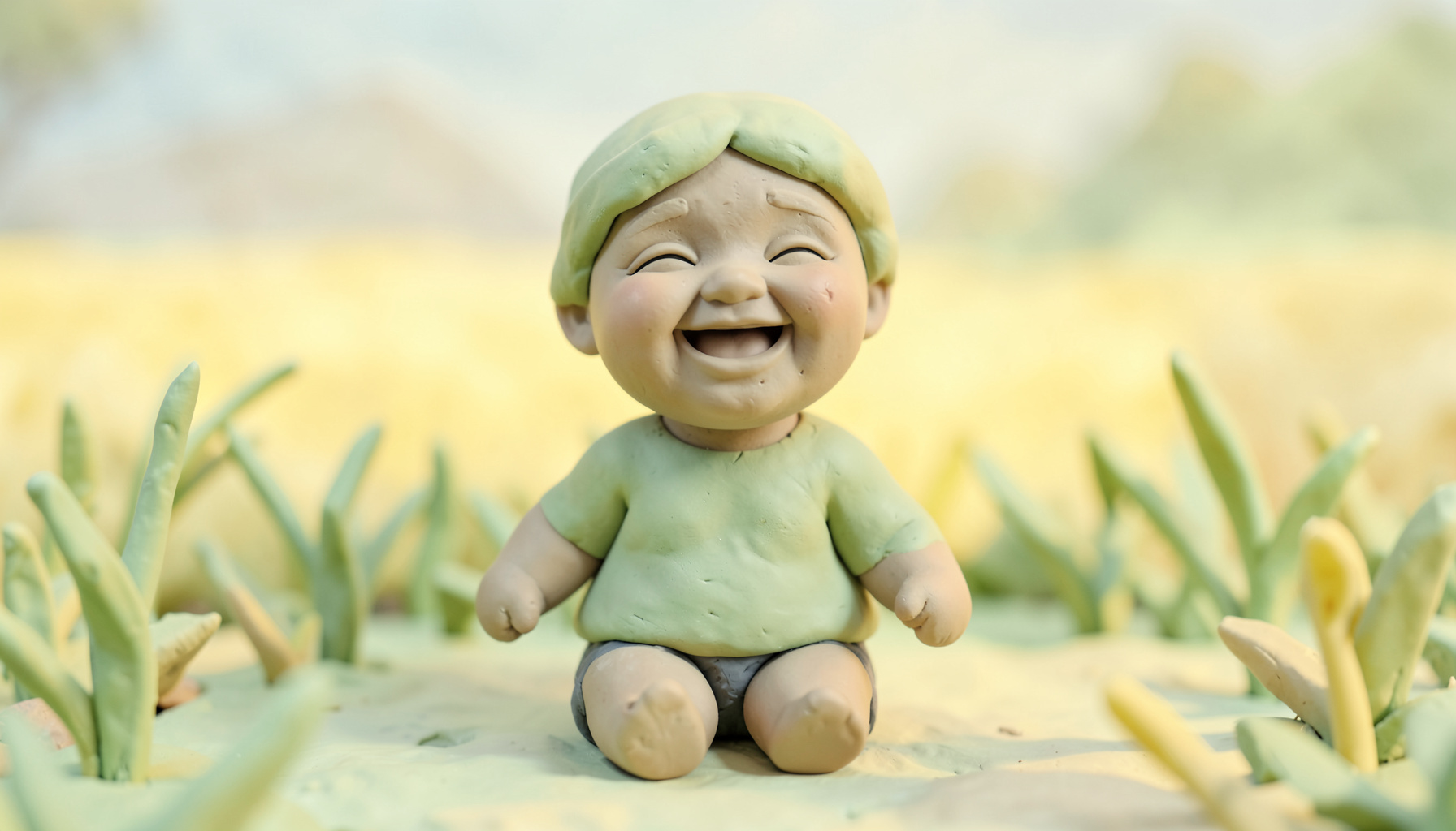 Soft clay-model render of a laughing child in a sunlit field with butter yellow and pale green tones