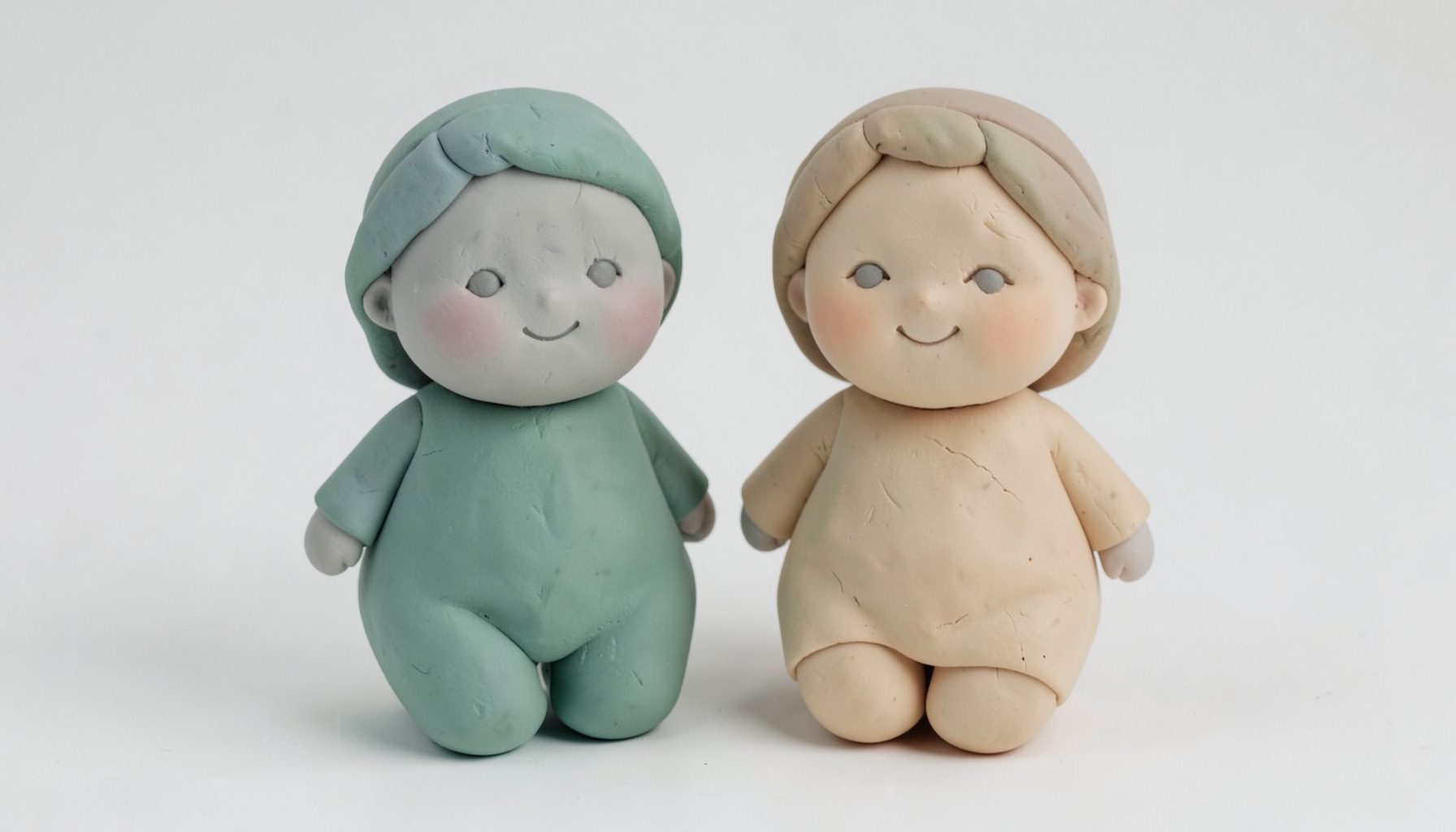 Soft clay-model render of a sibling pair in muted teal and warm beige tones, soft handmade shapes