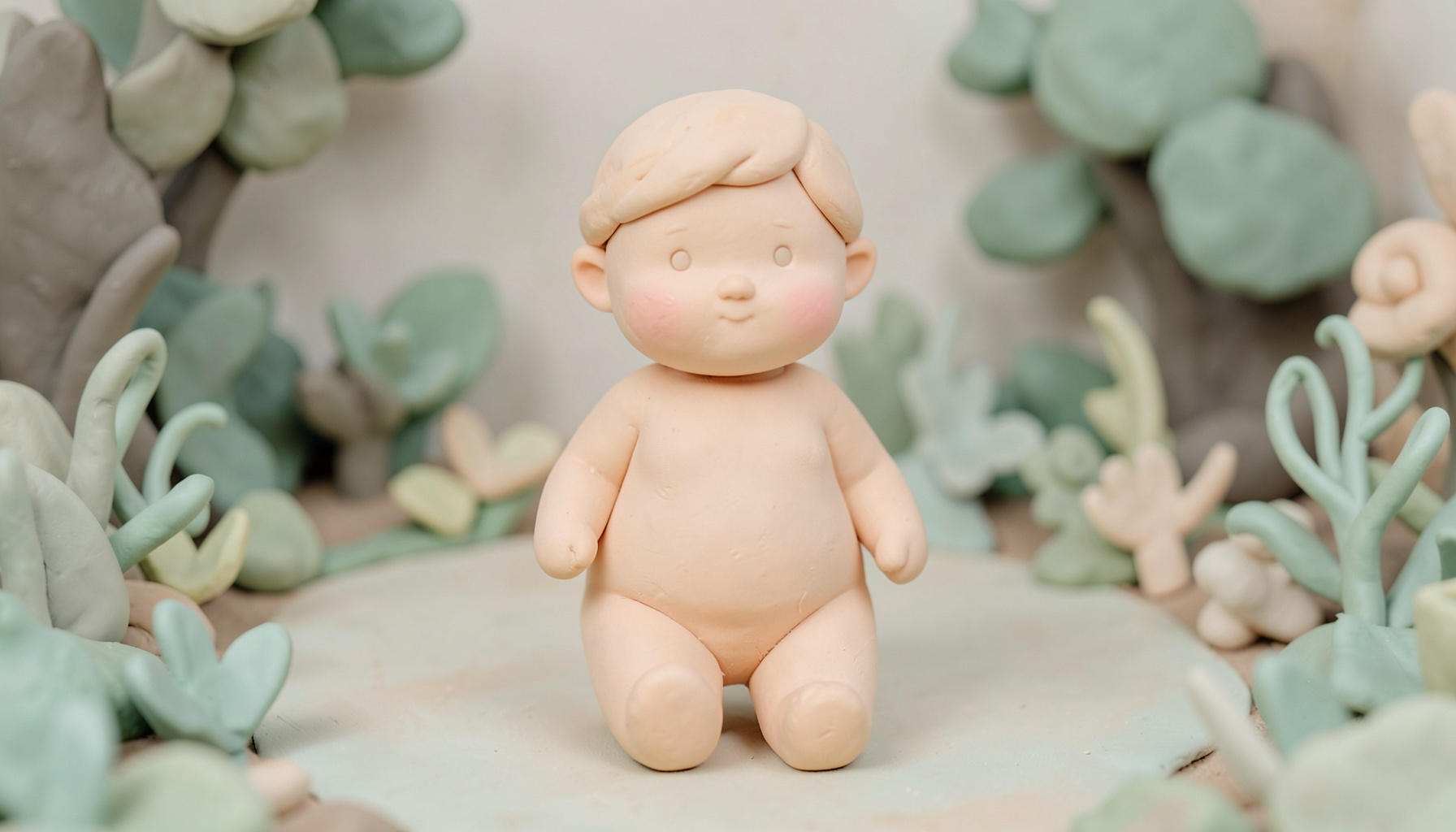 Soft clay-model render of a child in a garden setting with pale peach and sage tones, gentle rounded figure