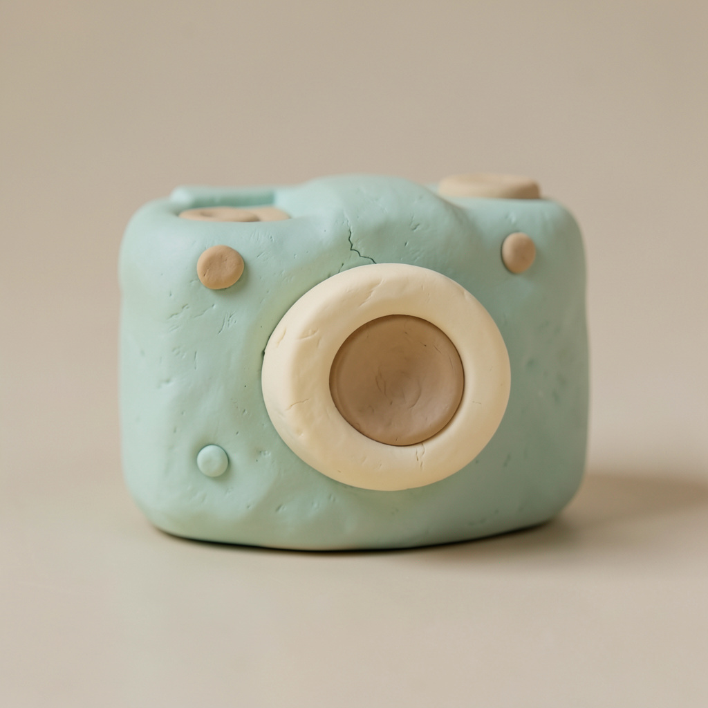 Soft clay-model render of a small rounded camera in pale teal and warm cream tones, handmade and friendly