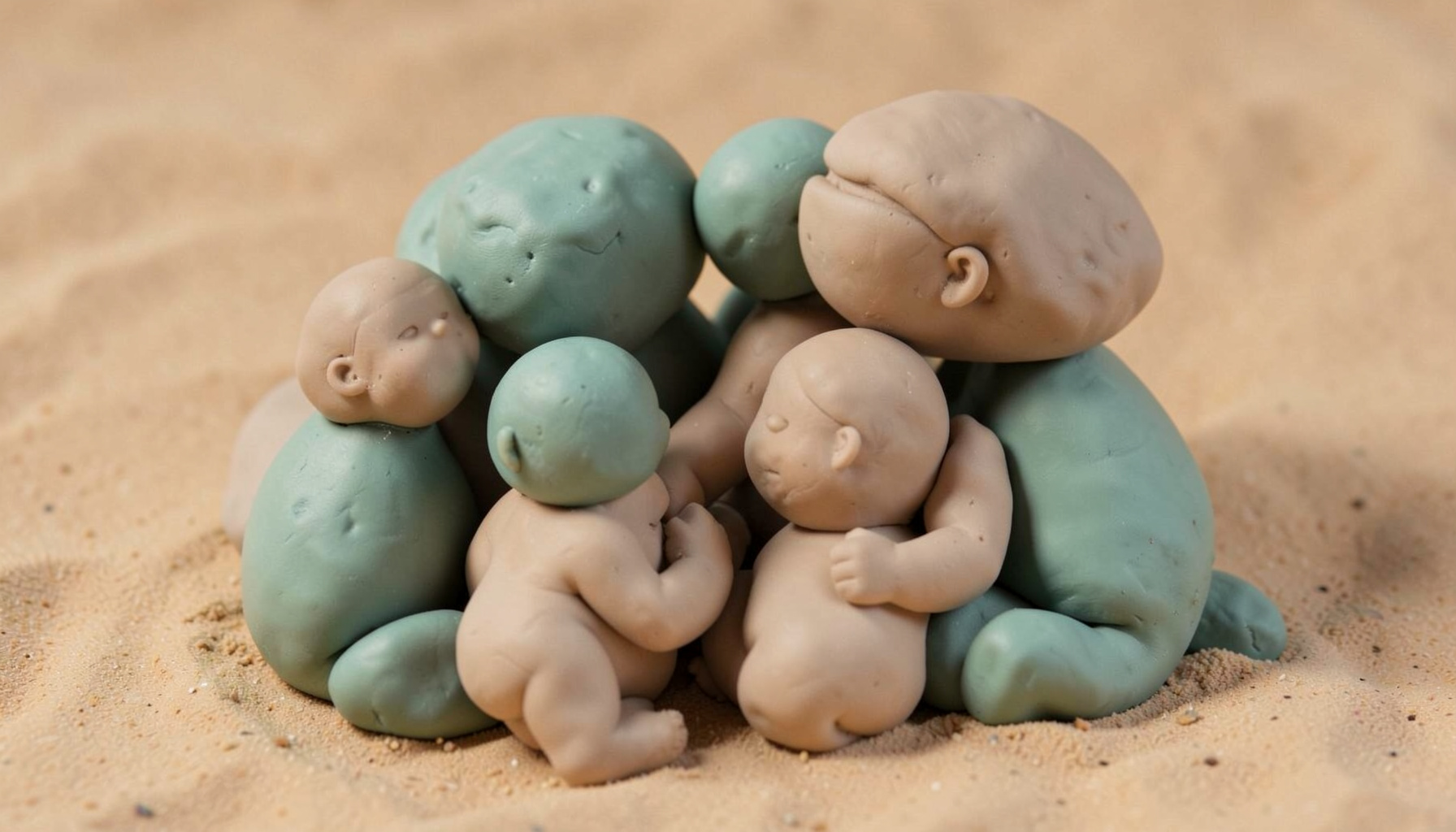 Soft clay-model render of a family group in warm sand and muted teal tones, rounded handmade forms gathered closely together