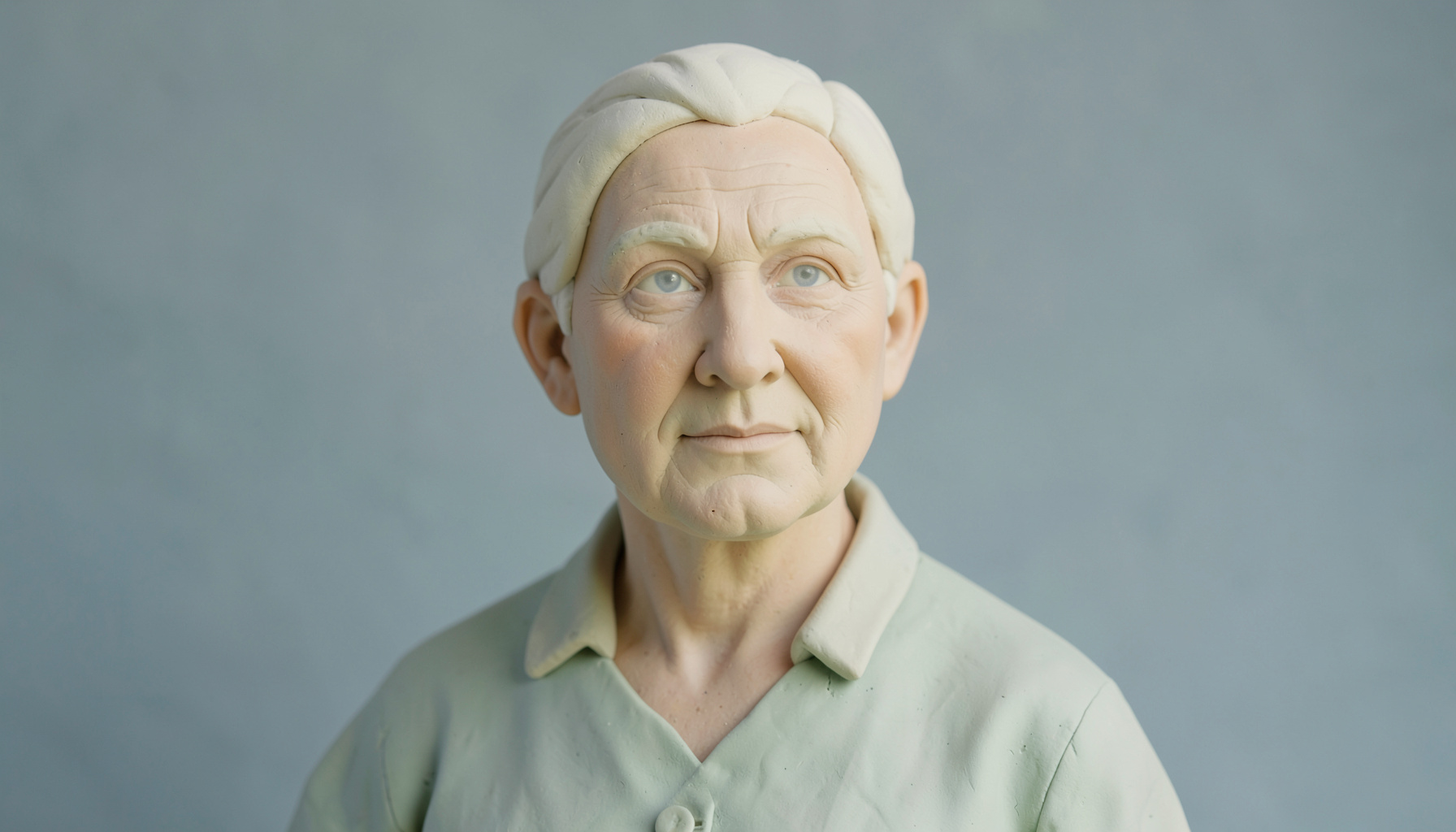Soft clay-model render of a senior portrait pose in cream and dusty blue tones, calm atmospheric mood