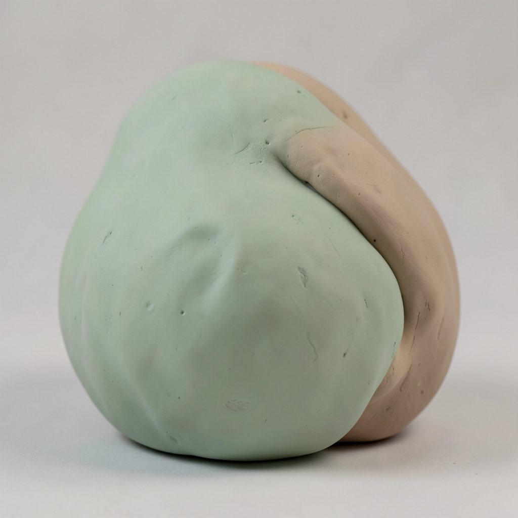 Soft clay-model render of a small rounded camera with warm cream body and deep teal accents, sitting on a pale yellow-green surface in gentle handmade shapes